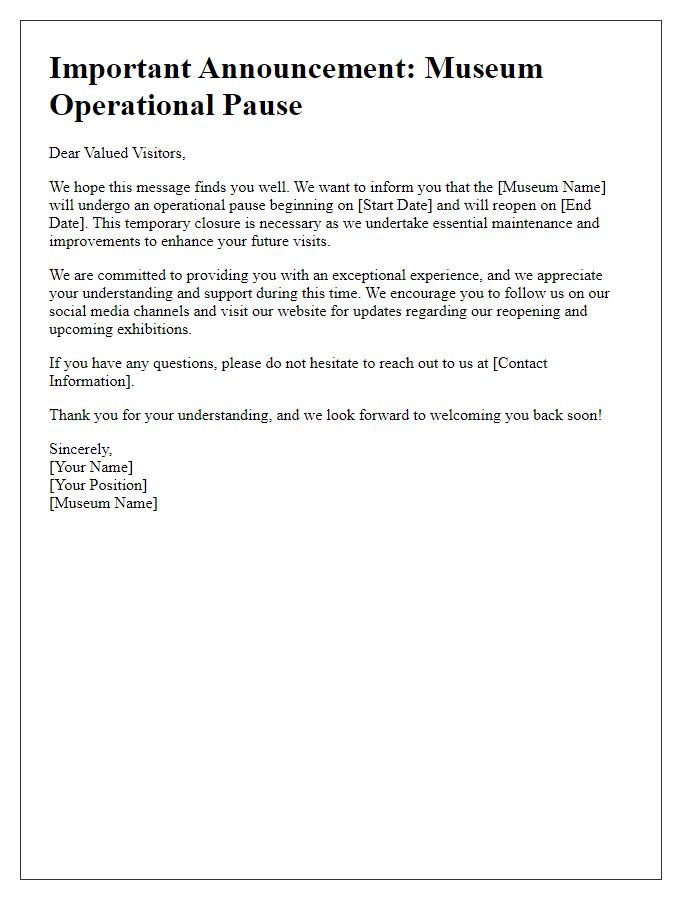 Letter template of museum operational pause announcement