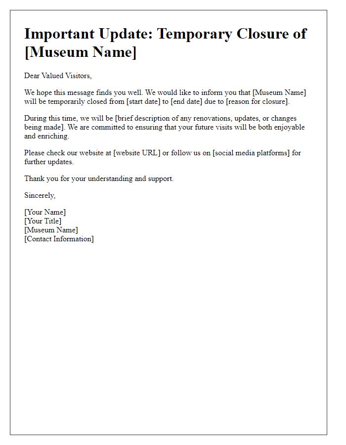 Letter template of museum temporary closure update