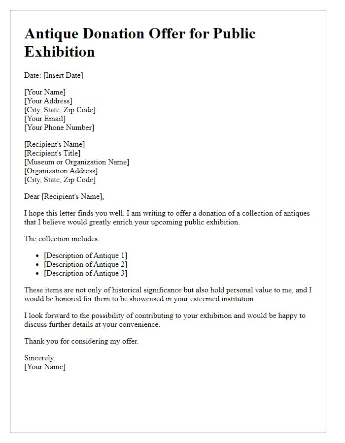 Letter template of antique donation offer for public exhibition.