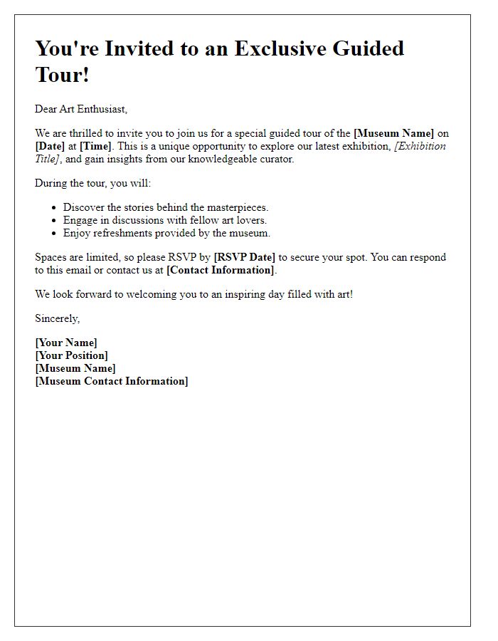 Letter template of museum guided tour invitation for art enthusiasts.