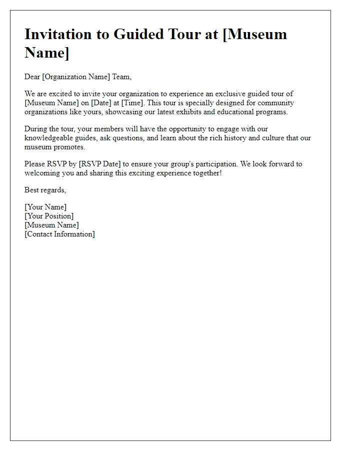 Letter template of museum guided tour invitation for community organizations.