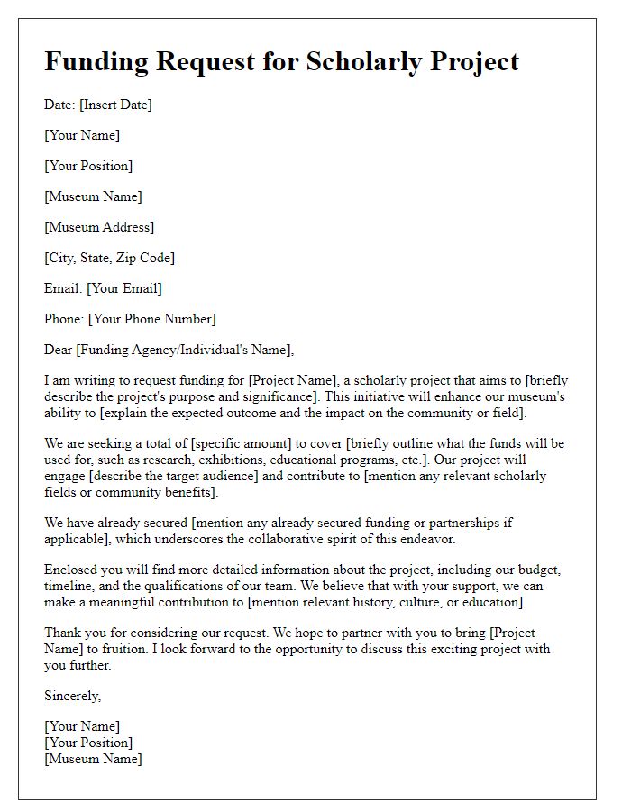 Letter template of scholarly project funding request for museums