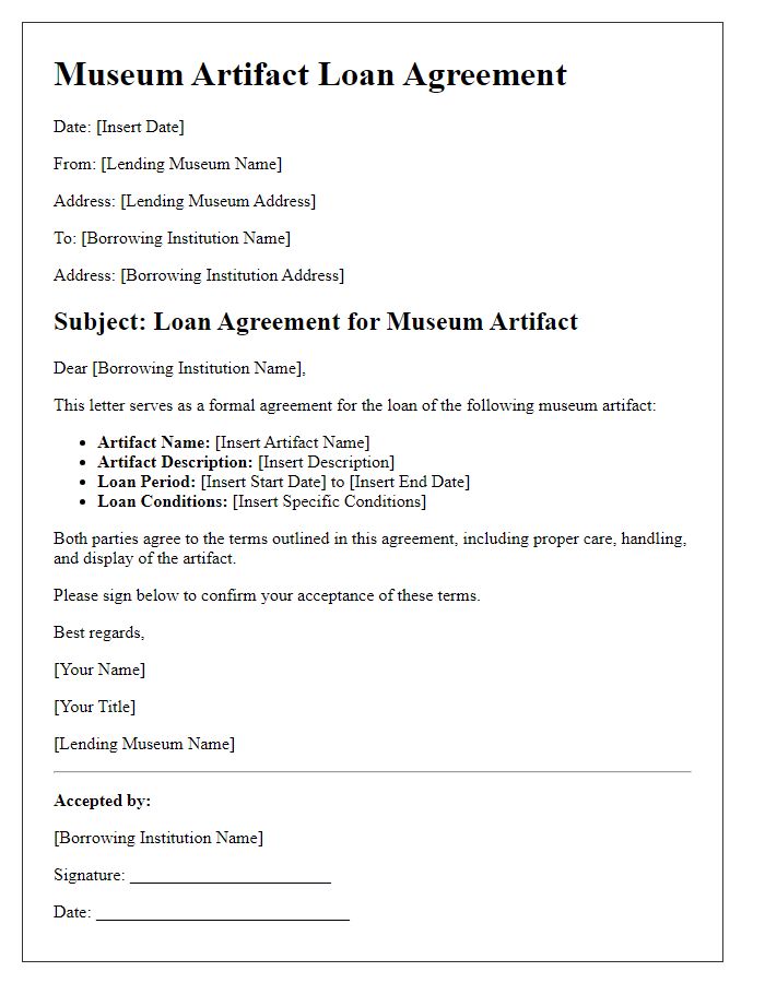 Letter template of museum artifact loan agreement