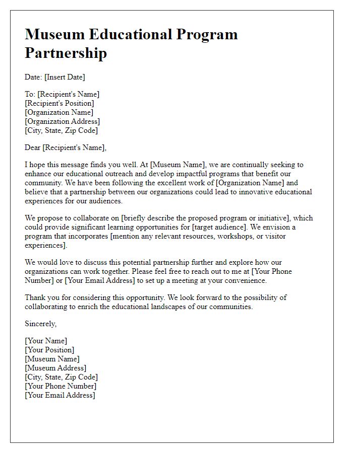 Letter template of museum educational program partnership