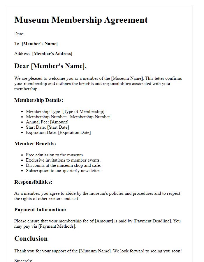 Letter template of museum membership agreement