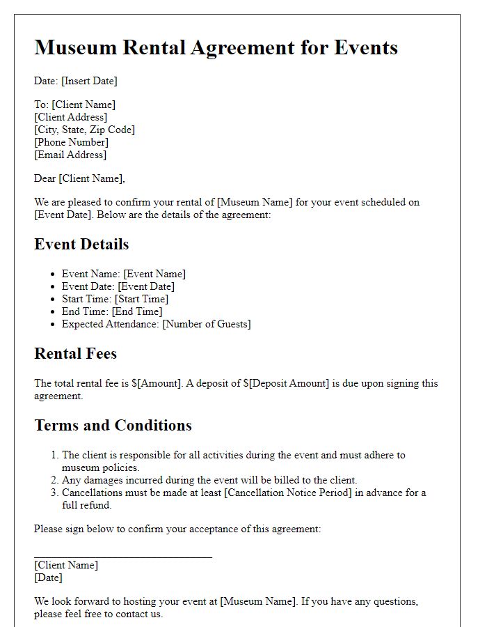 Letter template of museum rental agreement for events