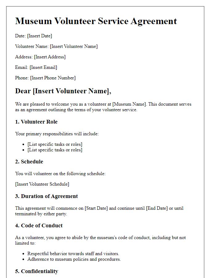 Letter template of museum volunteer service agreement