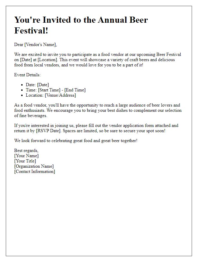 Letter template of Beer Festival Invitation for Food Vendors