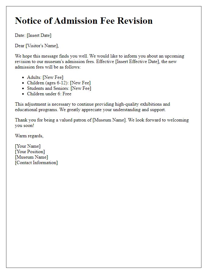 Letter template of museum admission fee revision notice