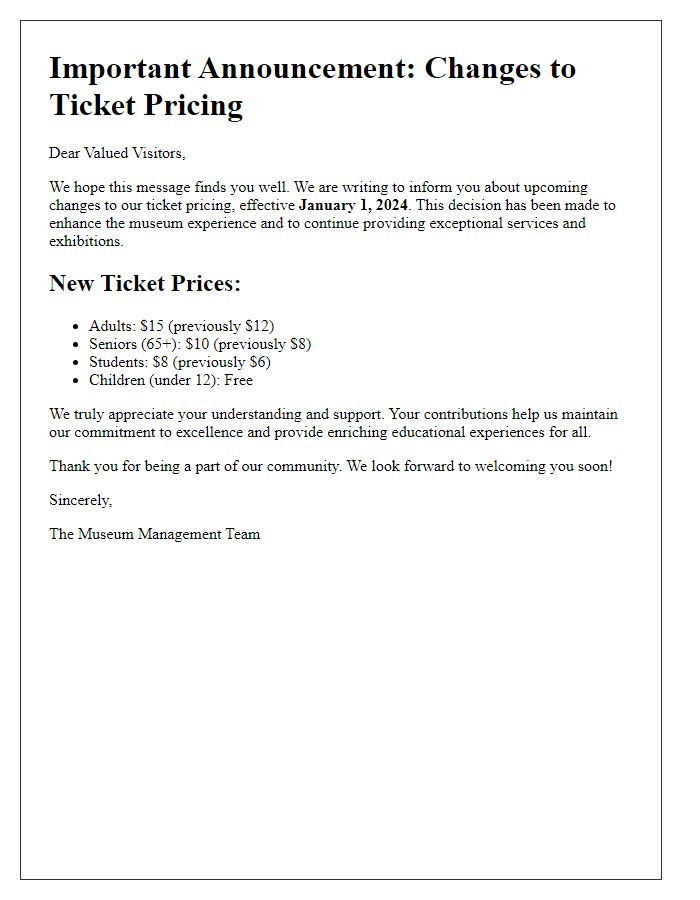 Letter template of museum ticket pricing changes announcement