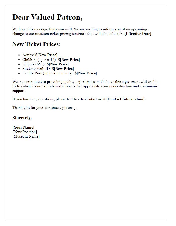 Letter template of museum ticket pricing structure alteration