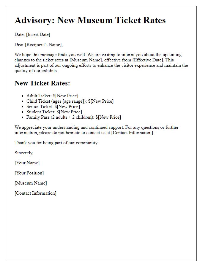 Letter template of new museum ticket rates advisory