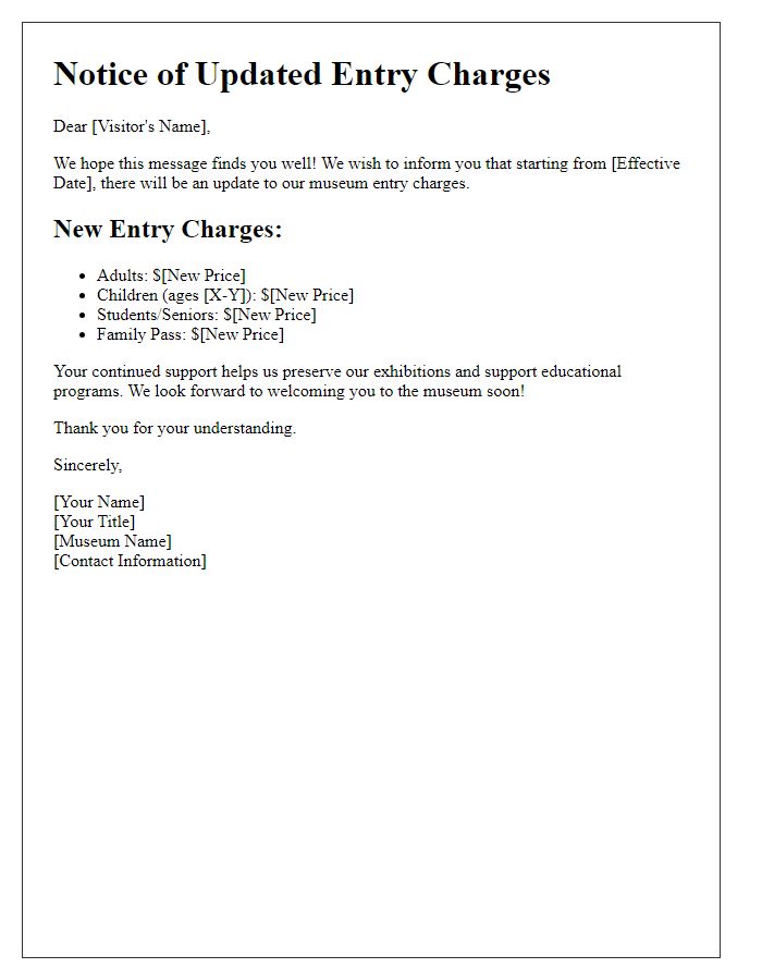 Letter template of updated museum entry charges communication