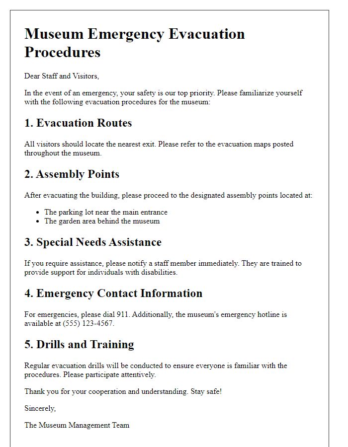 Letter template of museum emergency evacuation procedures