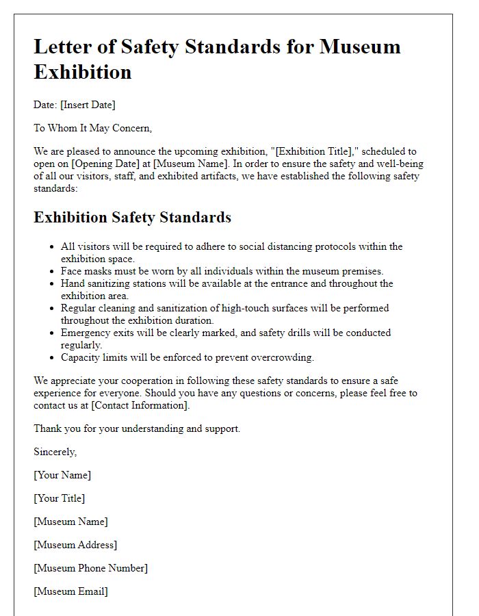 Letter template of museum exhibition safety standards