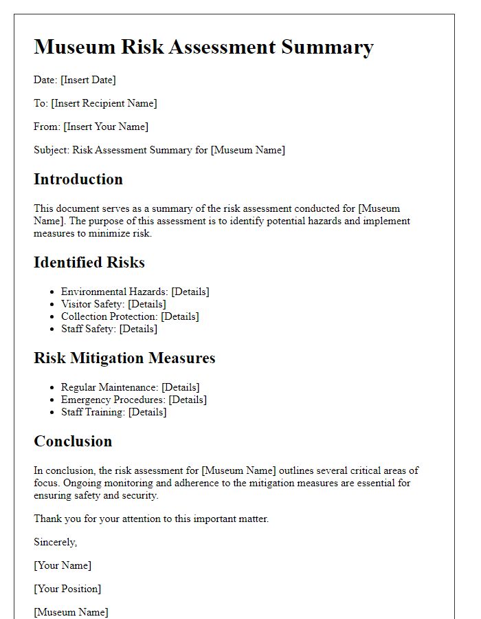 Letter template of museum risk assessment summary