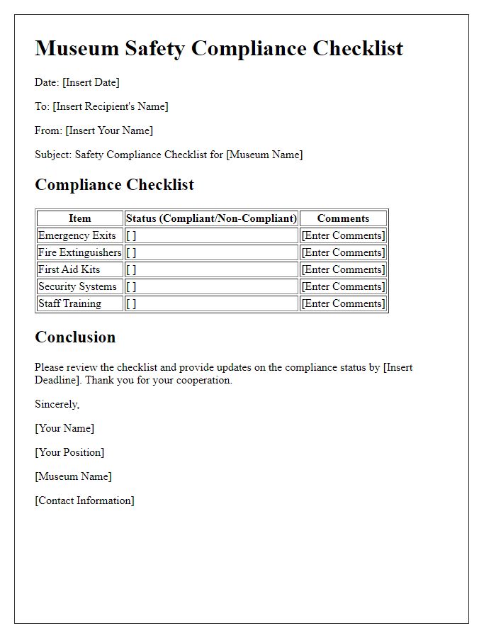 Letter template of museum safety compliance checklist