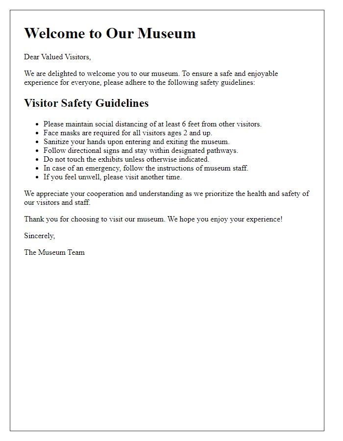 Letter template of museum safety guidelines for visitors