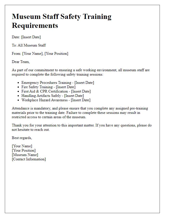 Letter template of museum staff safety training requirements