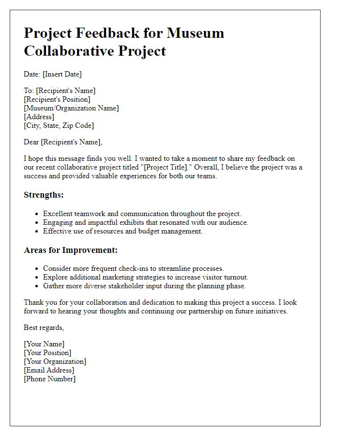 Letter template of project feedback for museum collaborative project