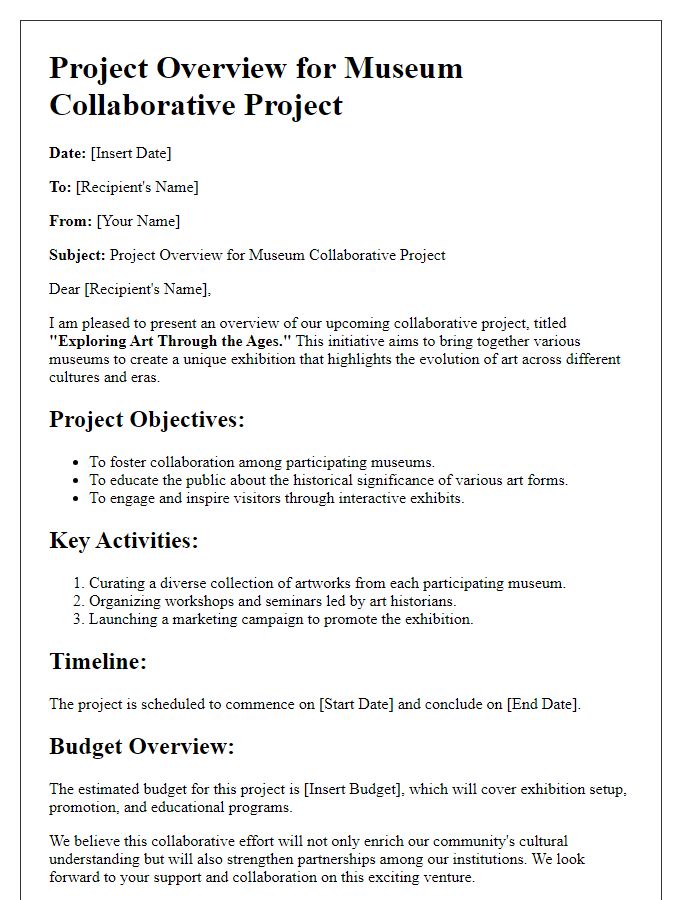 Letter template of project overview for museum collaborative project