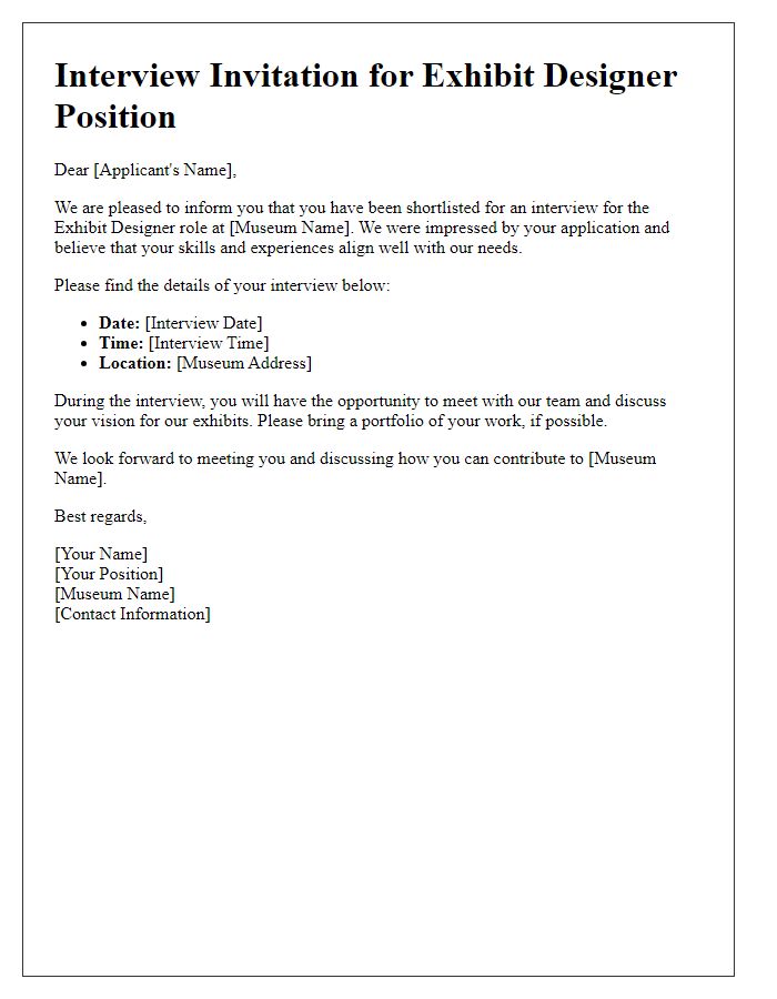 Letter template of museum interview invitation for exhibit designer role.