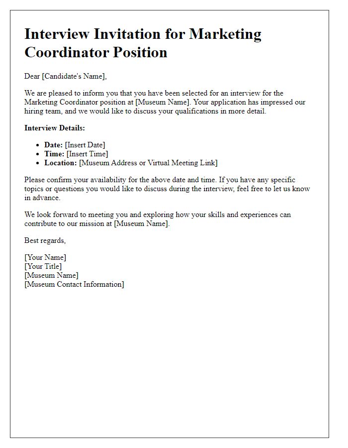 Letter template of museum interview invitation for marketing coordinator.