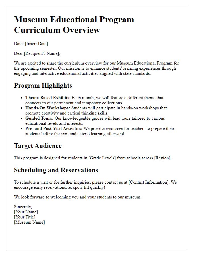 Letter template of museum educational program curriculum overview.