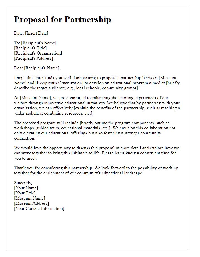 Letter template of museum educational program partnership proposal.