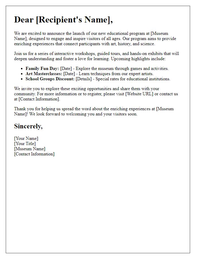 Letter template of museum educational program promotional outreach.