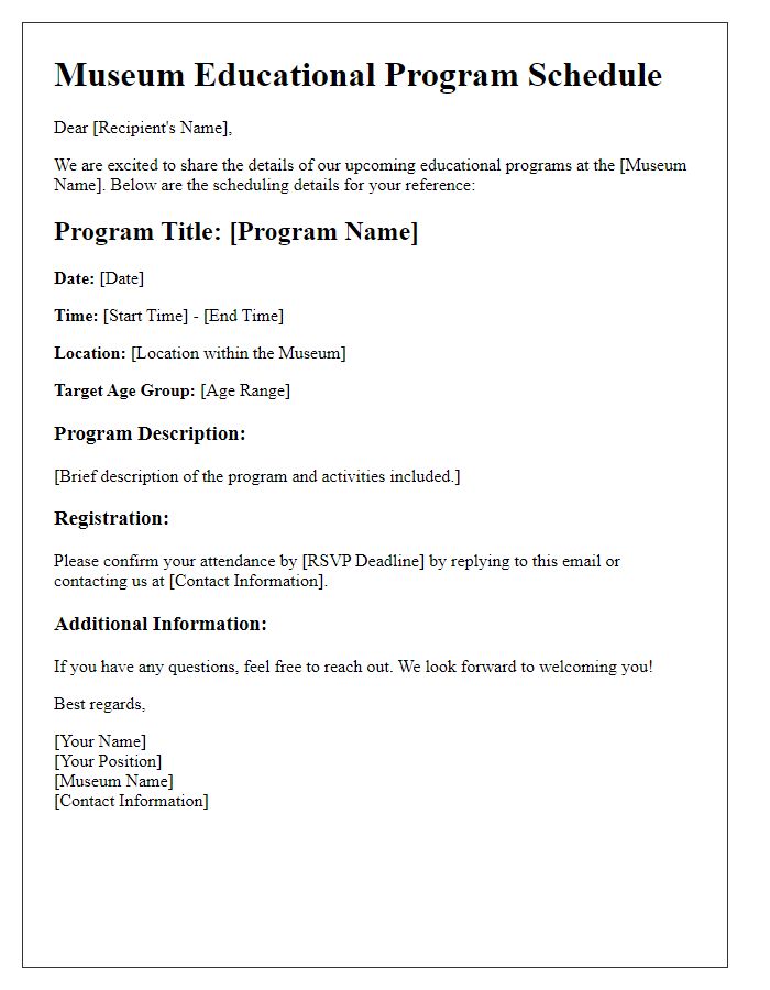 Letter template of museum educational program scheduling details.