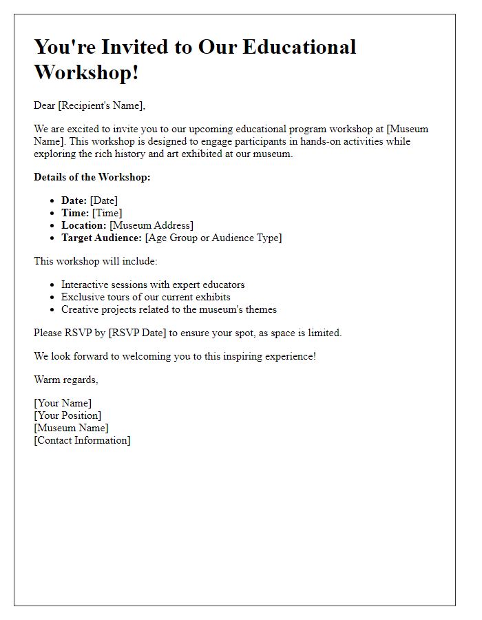 Letter template of museum educational program workshop invitation.