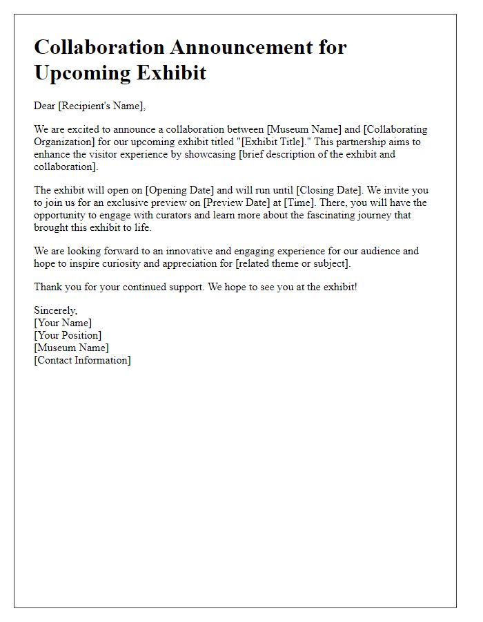 Letter template of museum exhibit collaboration announcement