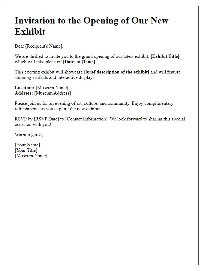 Letter template of museum exhibit opening details