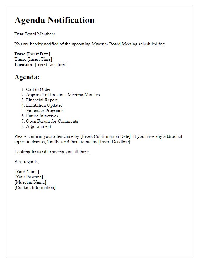 Letter template of agenda notification for upcoming museum board meeting