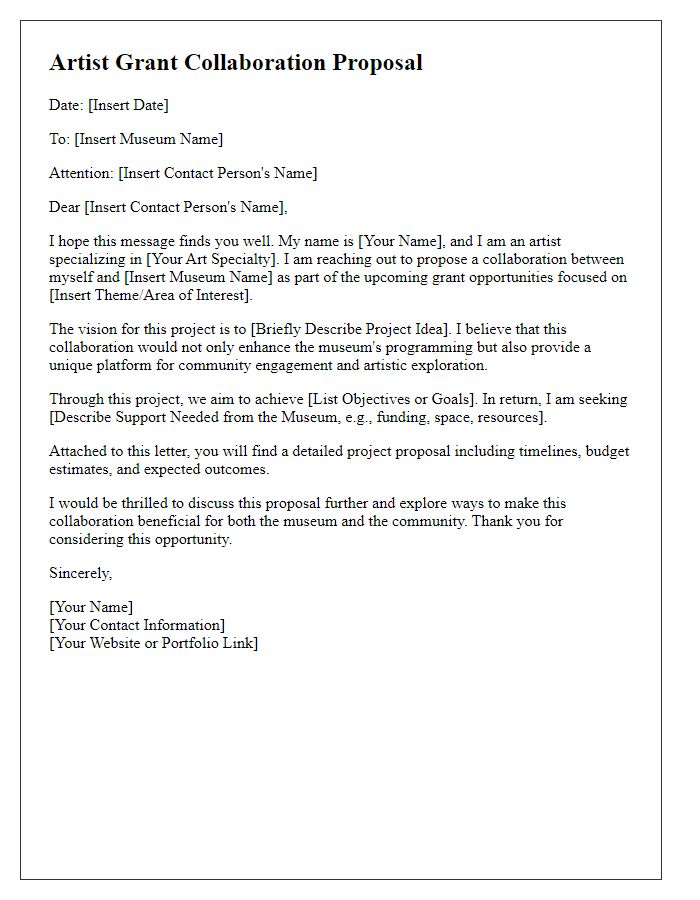 Letter template of artist grant collaboration proposal for the museum