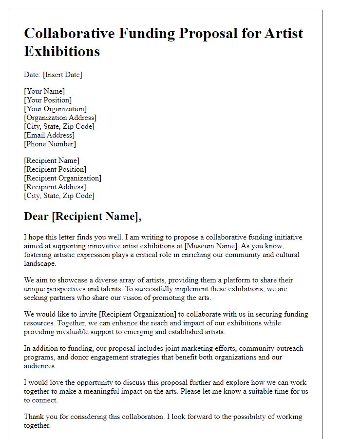 Letter template of funding collaboration for artist exhibitions in the museum