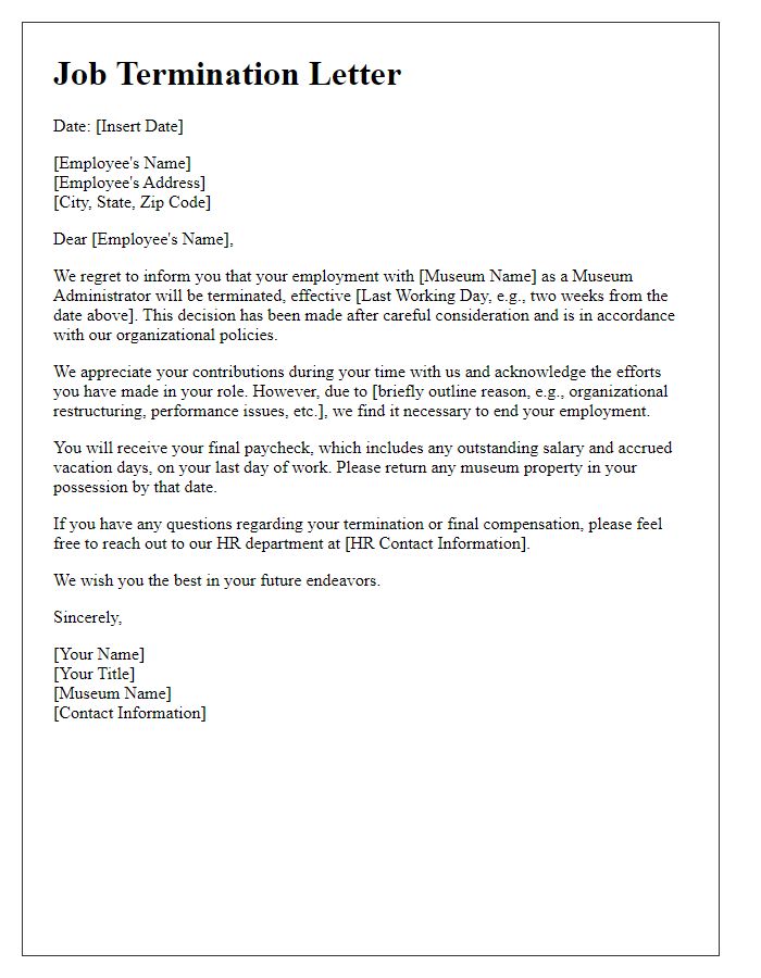 Letter template of job termination for museum administrator