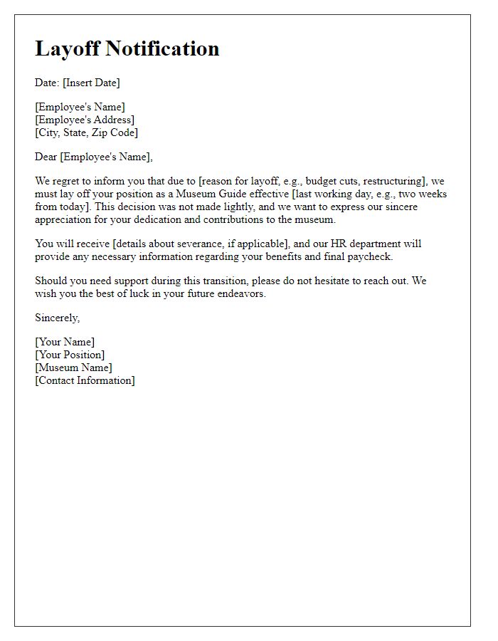 Letter template of layoff notification for museum guide