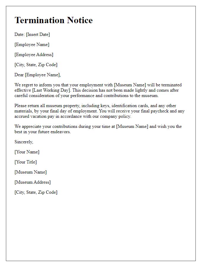 Letter template of termination notice for museum staff member