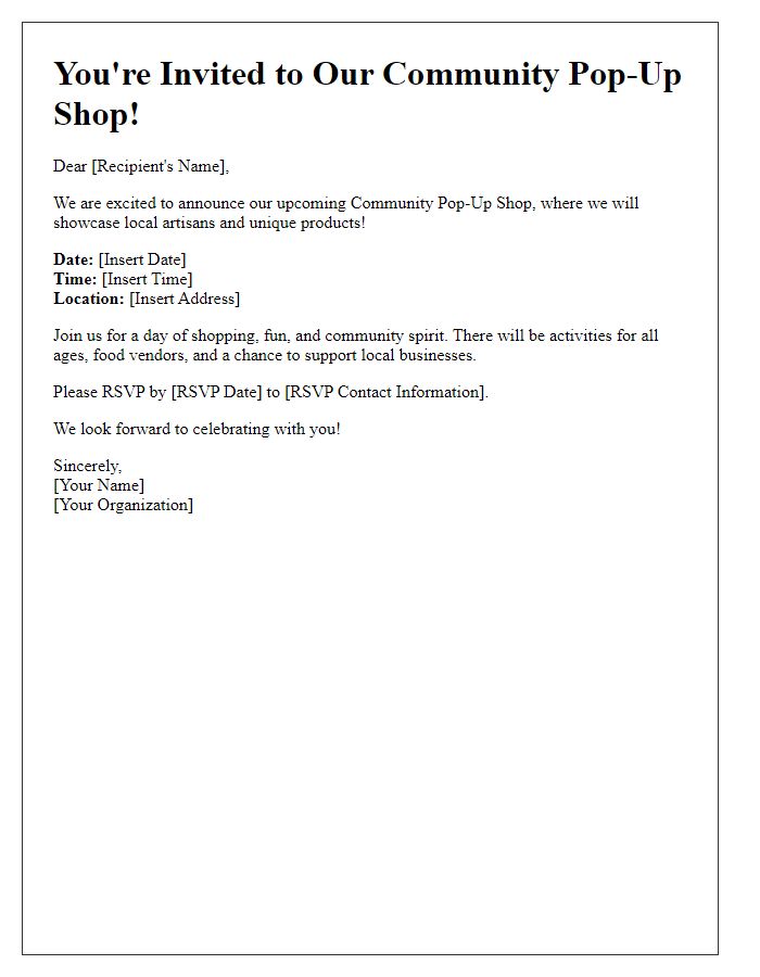 Letter template of Community Pop-Up Shop Invitation