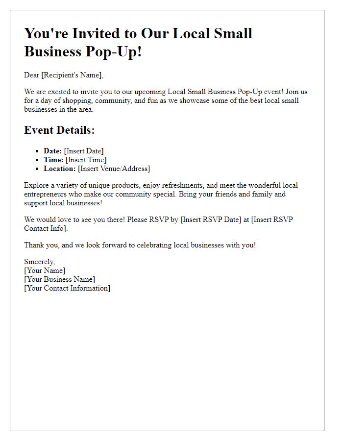 Letter template of Local Small Business Pop-Up Invitation