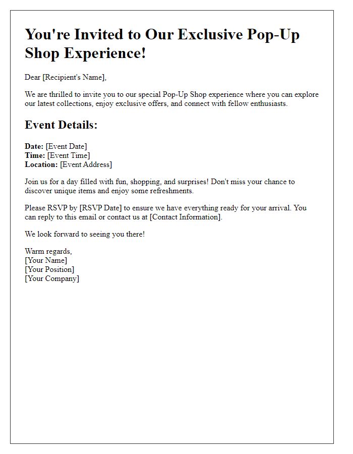 Letter template of Pop-Up Shop Experience Invitation