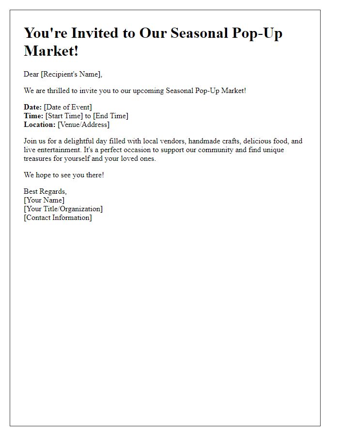 Letter template of Seasonal Pop-Up Market Invitation