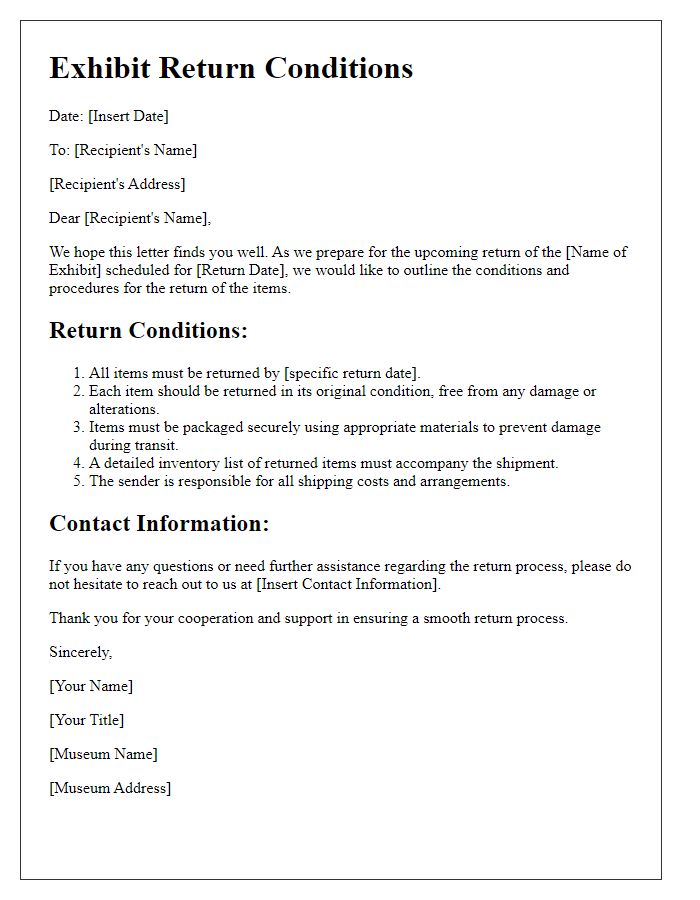 Letter template of museum exhibit return conditions