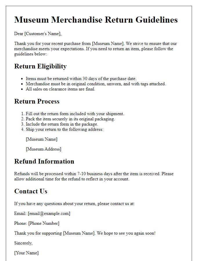 Letter template of museum merchandise return guidelines