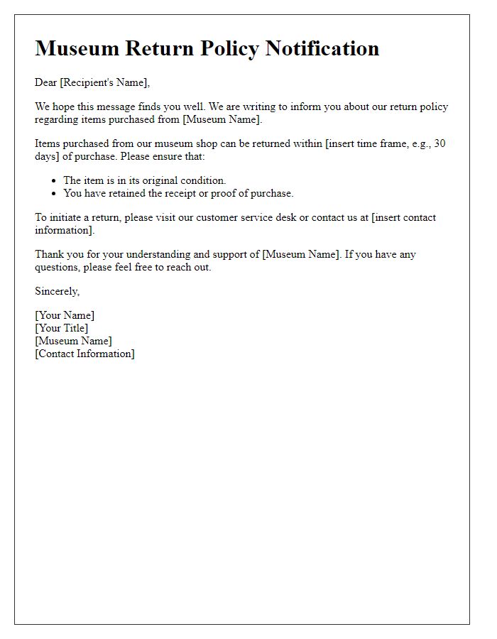 Letter template of museum return policy notification