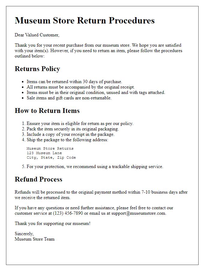 Letter template of museum store return procedures