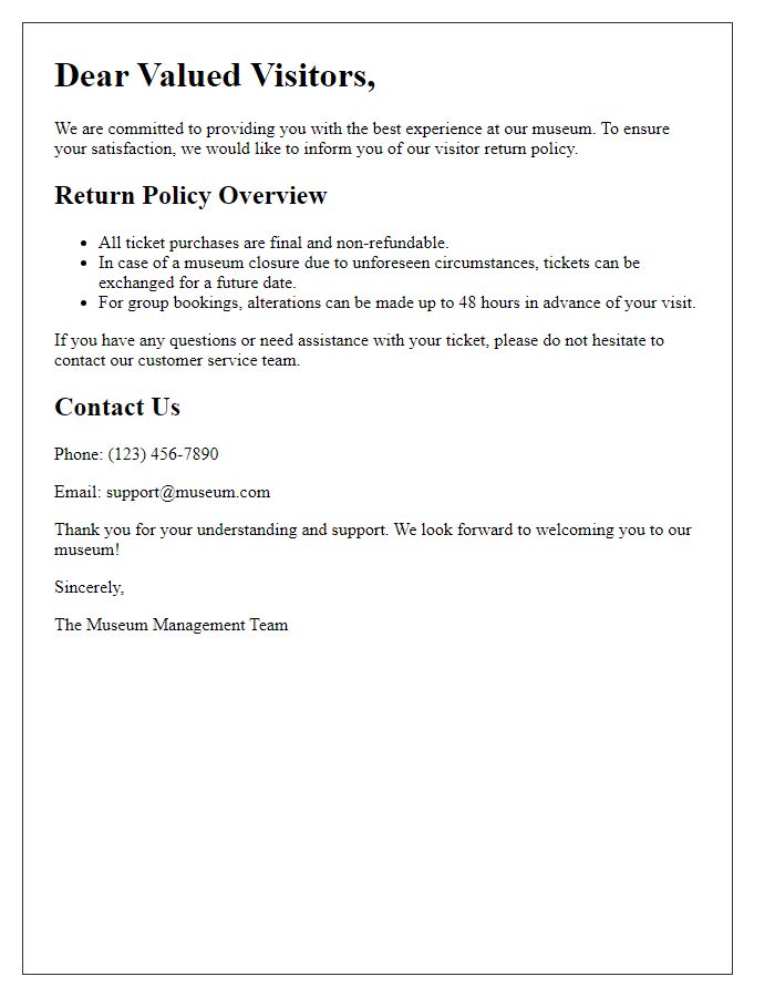 Letter template of museum visitor return policy announcement