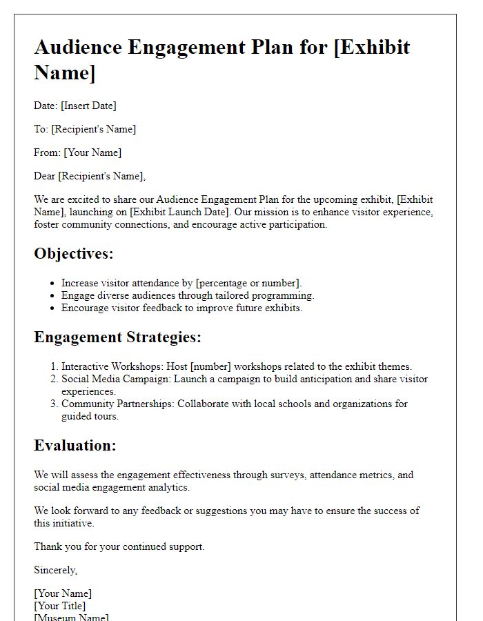 Letter template of audience engagement plan for museum exhibit